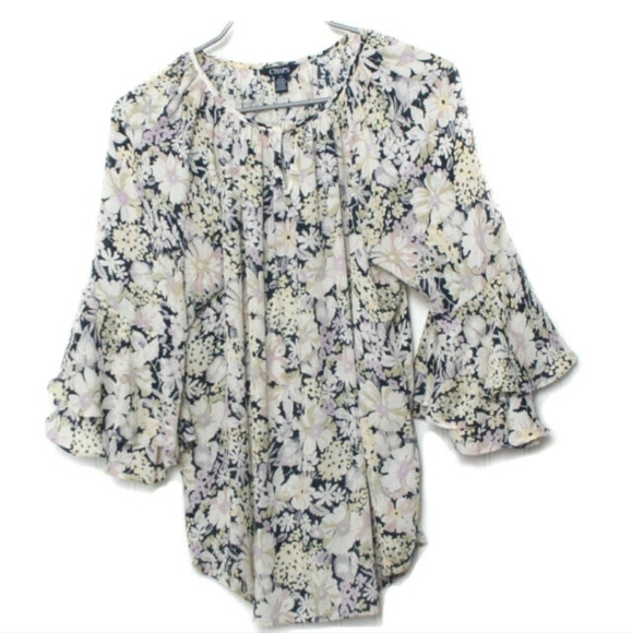 Chaps Ralph Lauren Cream & Blue Ruffled Bell Sleeve Blouse Small/Medium NWT - Picture 2 of 8